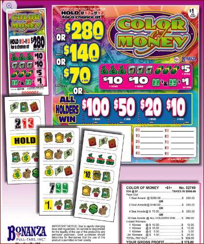 $1 Novelty Pull Tabs  - Color of Money/ All Holders Win Seal Game/ $1@504ct